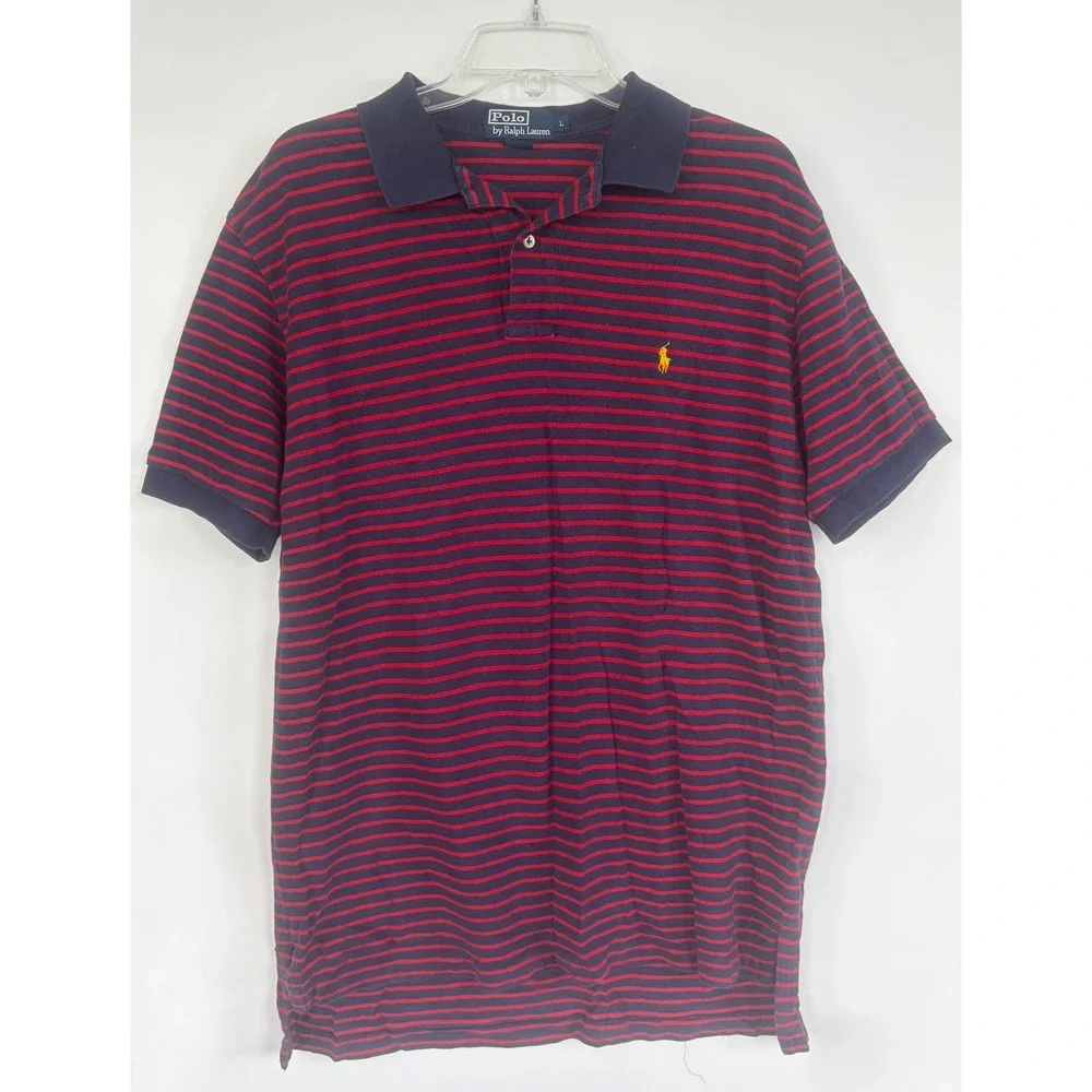 Polo Ralph Lauren Mens Large Navy Red Striped Short Sleeve Pique Polo Shirt L